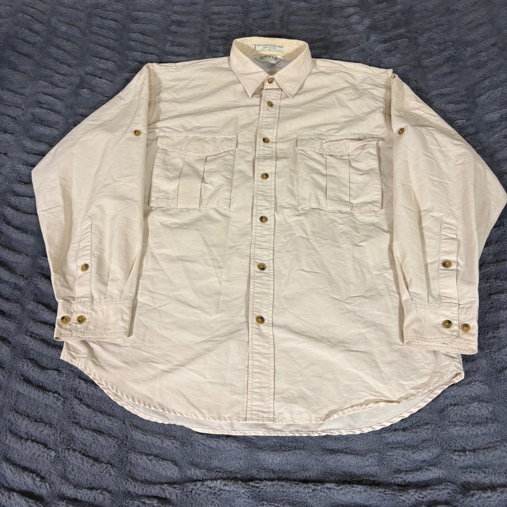 Orvis Sporting Traditions Mens Medium Tan Vented Fishing Shirt Long Sleeve AT513